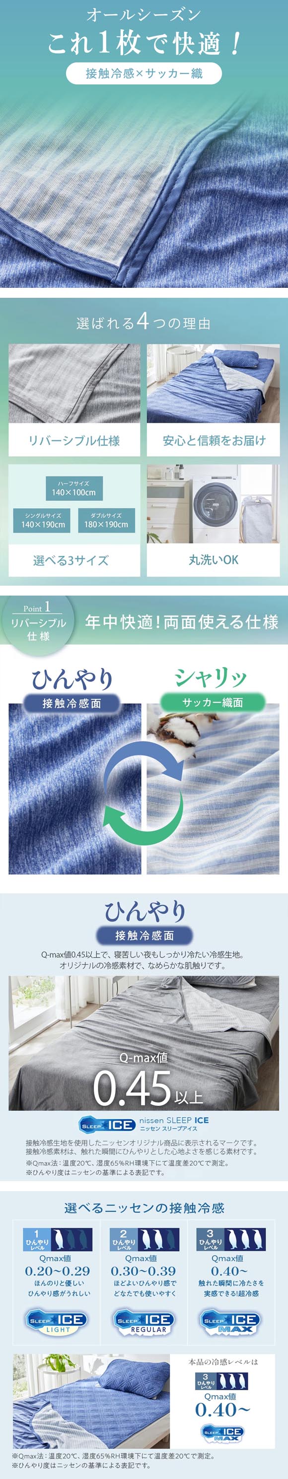 ニッセン 超冷感×綿100% シャリッとした肌ざわり サッカー織 リバーシブル クールケット ハーフ nissen