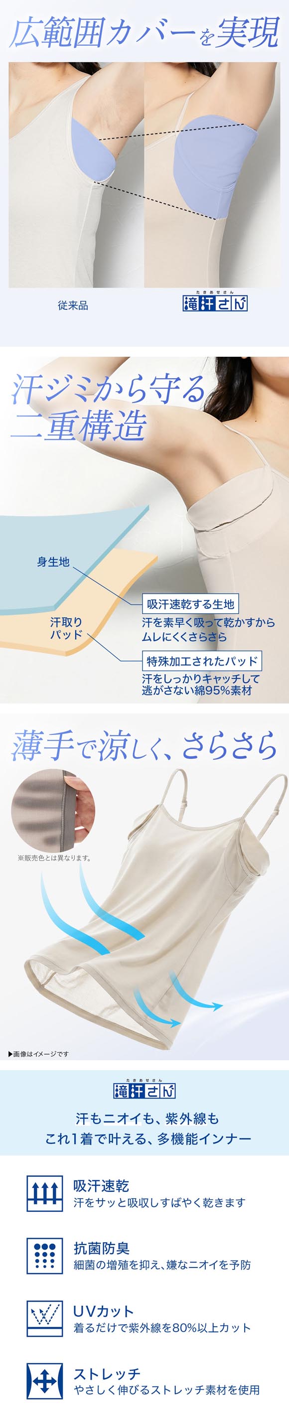 ニッセン 滝汗さん 汗取りパッド付 キャミソール 吸汗速乾 抗菌防臭 UVカット レディース インナー nissen