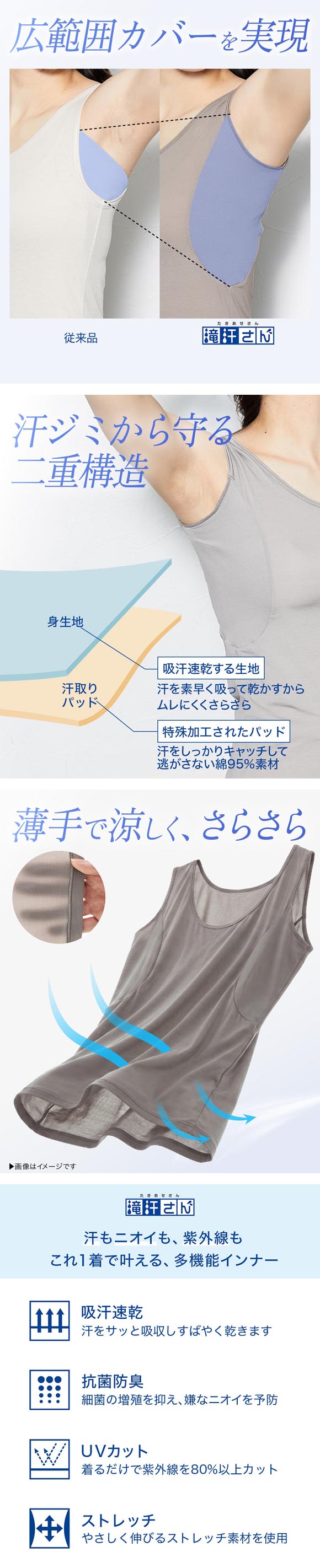 ニッセン 滝汗さん 汗取りパッド付 タンクトップ 吸汗速乾 抗菌防臭 UVカット レディース インナー nissen