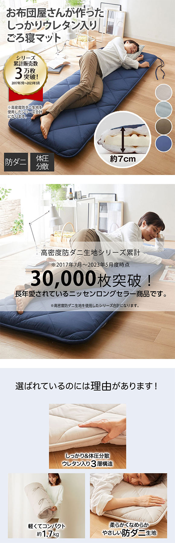 ニッセン コンパクトに畳める体圧分散ウレタン入りごろ寝マット120cm（布団）高密度防ダニシリーズ BR nissen