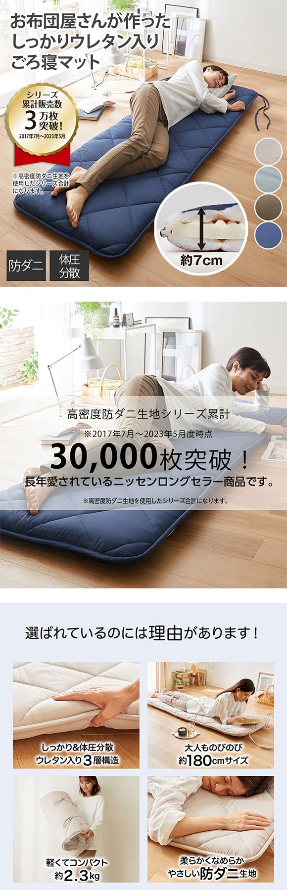 ニッセン コンパクトに畳める体圧分散ウレタン入りごろ寝マット180cm（布団）高密度防ダニシリーズ BGY nissen