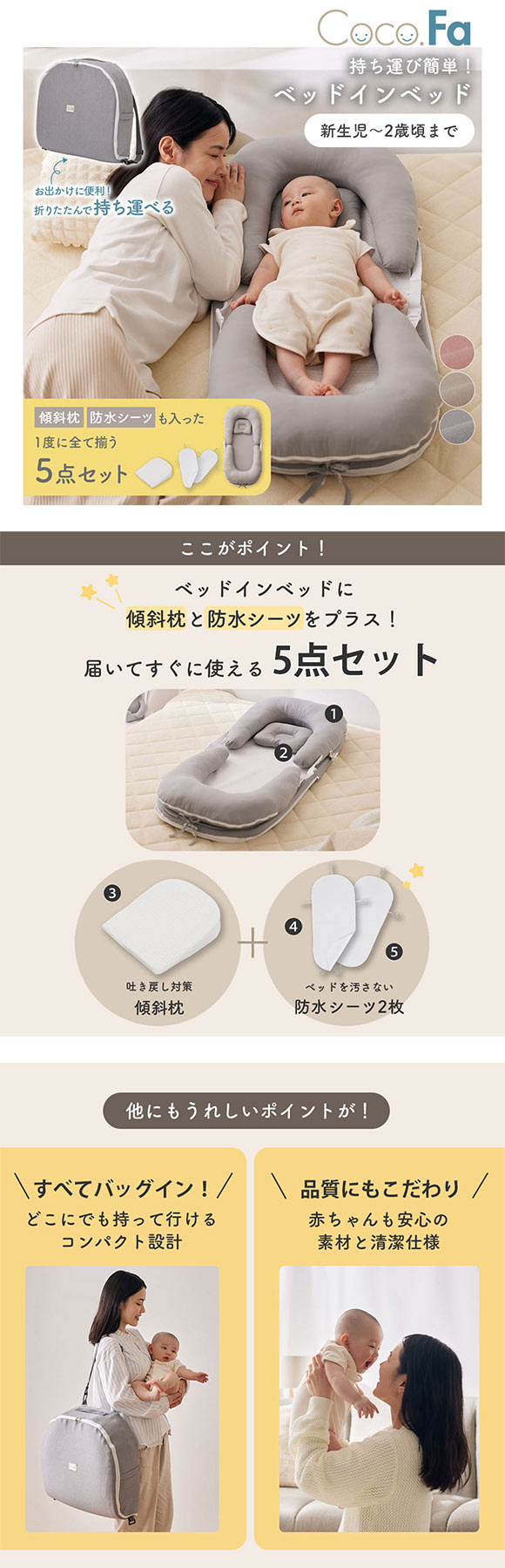 新生児 折りたたみ ベッドインベッド5点セット Coco.Fa バッグ一体型コンパクトに持ち運び ベビー布団 洗濯できる nissen ニッセン