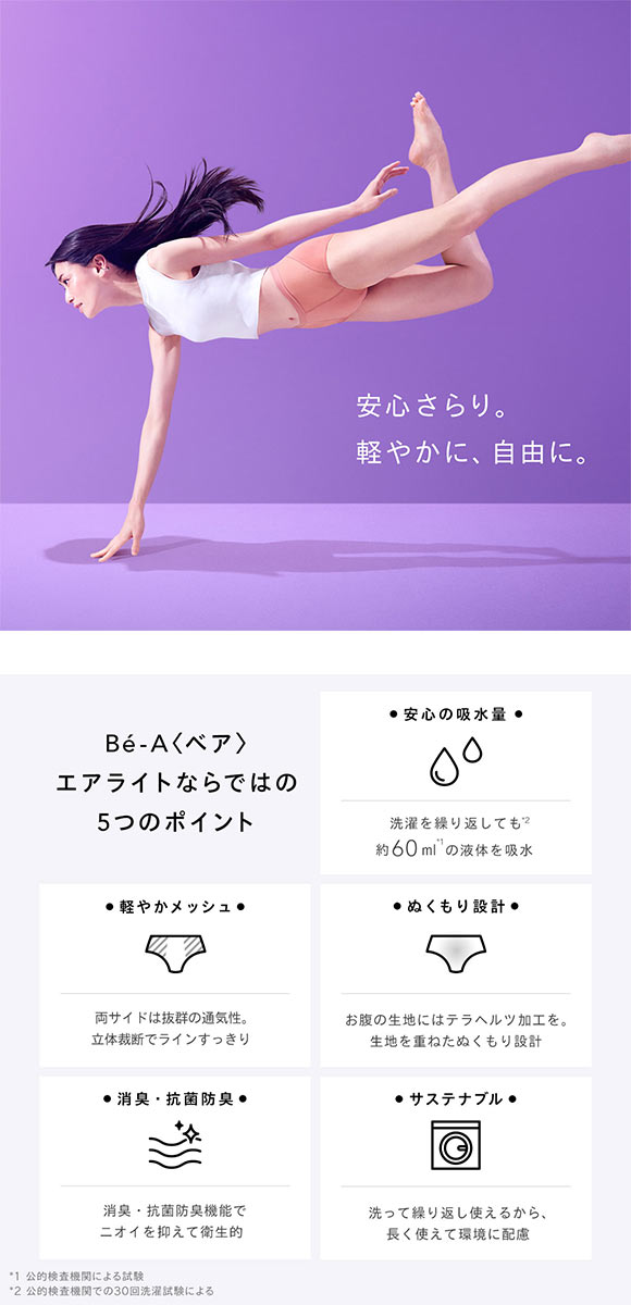 Be-A japan ベア エアライトショーツ 60ml 吸水ショーツ 吸収ショーツ サニタリーショーツ 昼 軽い日 普通の日 吸水速乾 スリム