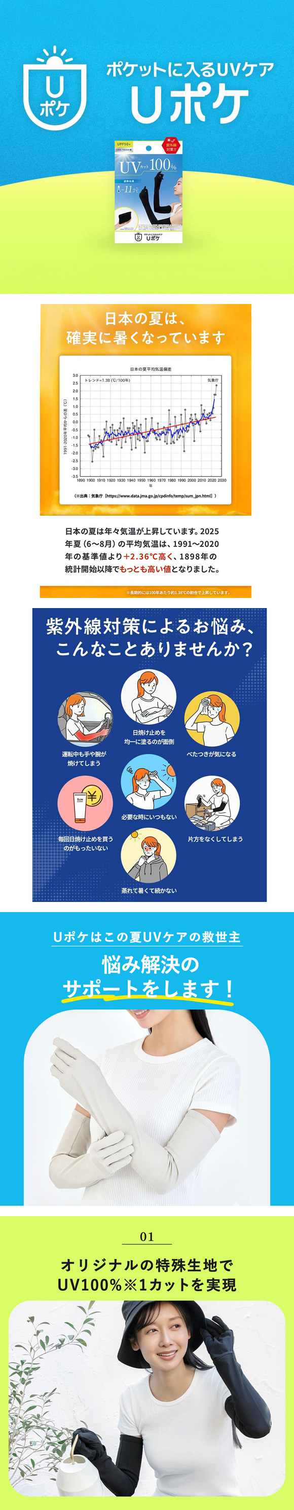Uポケ アームカバー 5本指 ロング レディース UV100％ 遮熱 接触冷感 熱中症対策 日焼け対策 運転 ポケットサイズ