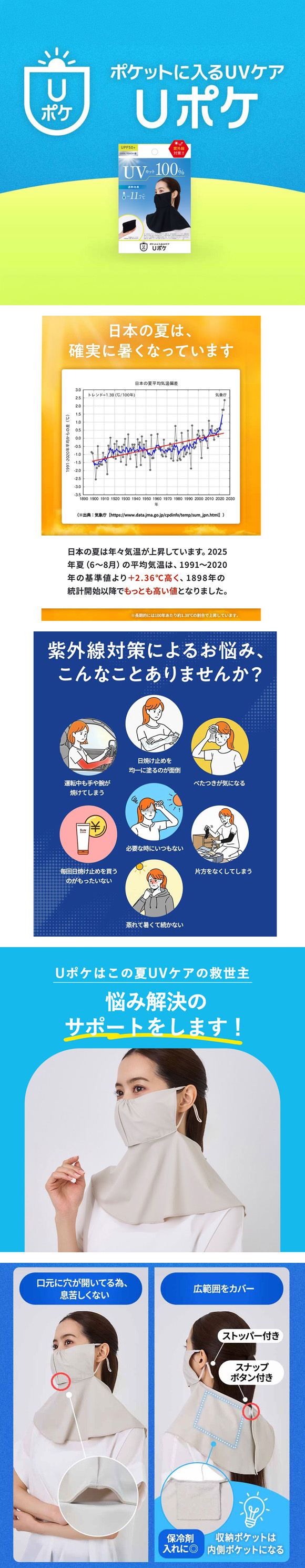 Uポケ フェイスカバー レディース UV100％ 遮熱 接触冷感 熱中症対策 日焼け対策 自転車 ポケットサイズ