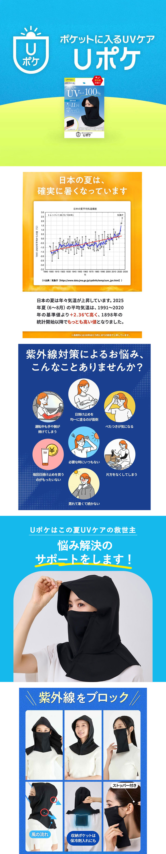 Uポケ バラクラバ レディース UV100％ 遮熱 接触冷感 熱中症対策 日焼け対策 運転 自転車 フェイスネックカバー ポケットサイズ