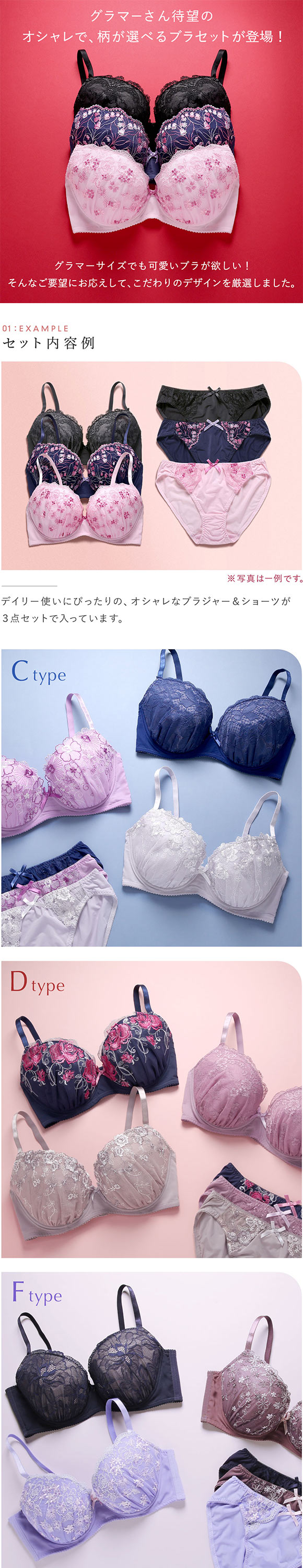ブラジャー ショーツ セット 3点 中身が見える福袋 GHI 大きいサイズ グラマーサイズ ブラセット 下着 レディース