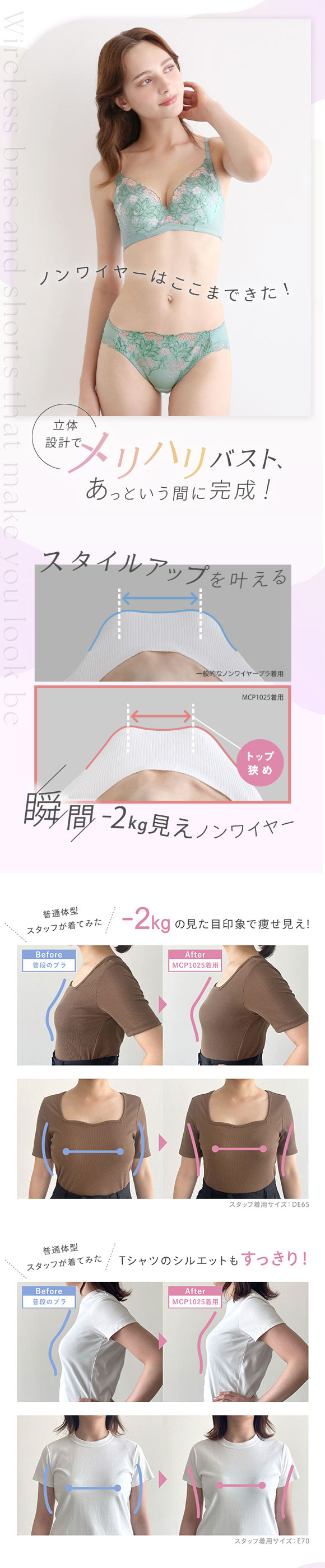 ノンワイヤー ブラセット 痩せ見え ふっくら谷間 着るだけでしっかり補正 モンシェルピジョン 下着 脇高 大きいサイズ ブラジャー ショーツ セット