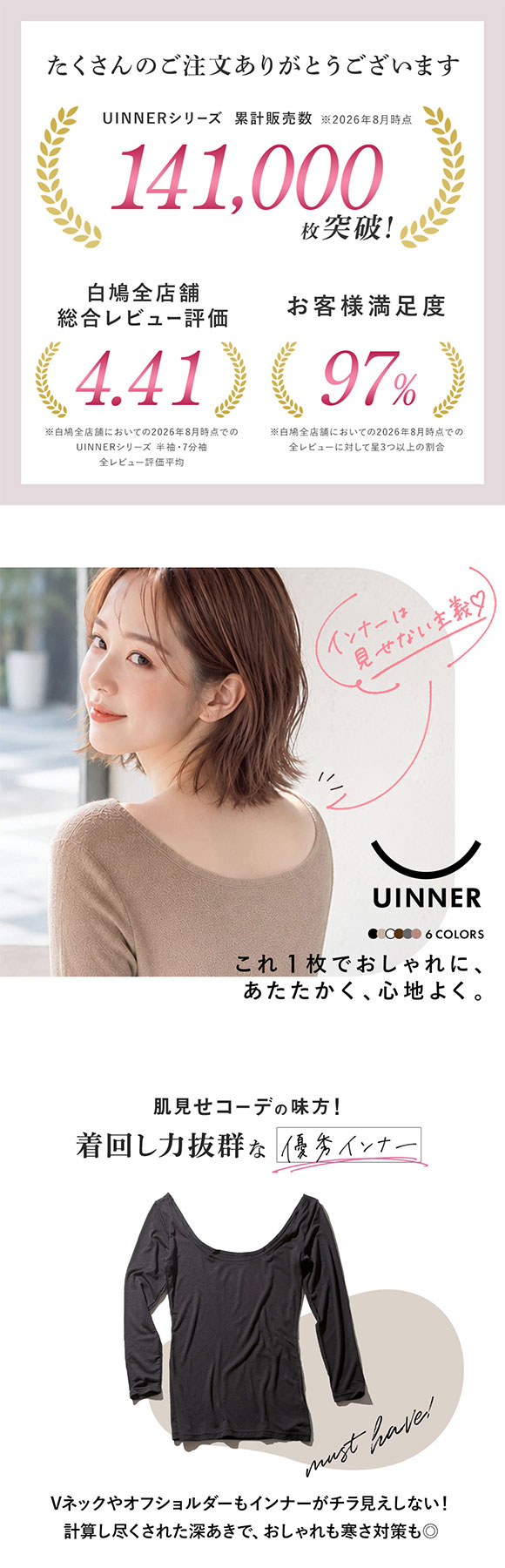 深あき インナー レディース 7分袖 オフショルダー S M L LL ContRante UINNER