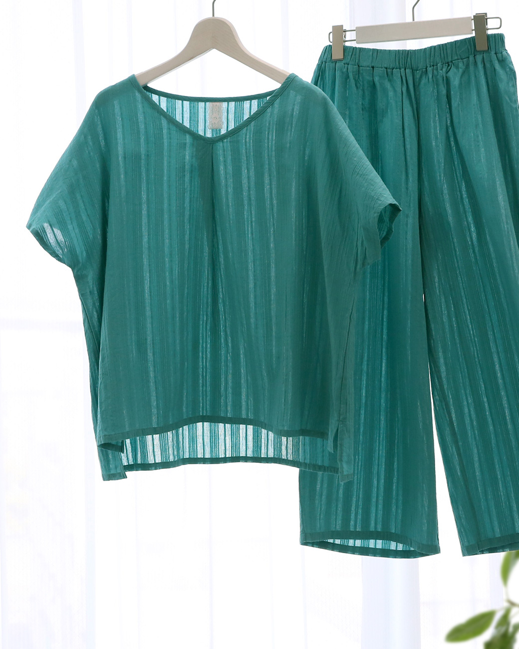 ブルーミングフローラ 涼ゆる 綿100％楊柳 ルームウェア パジャマ 上下セット 半袖 ロングパンツ Vネック 春夏 涼しい bloomingFLORA