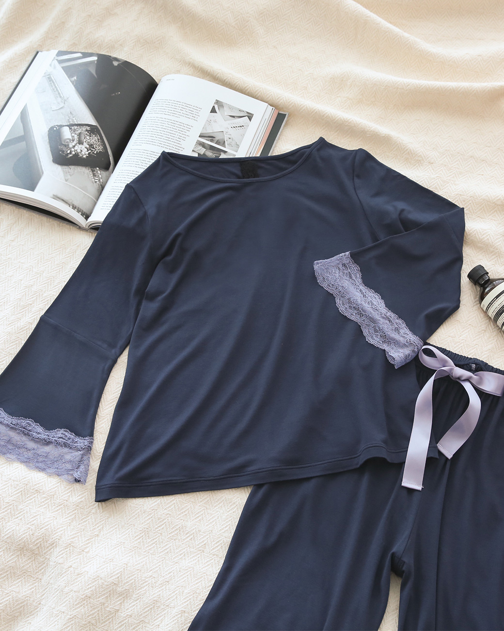 ブルーミングフローラ ルームウェア ゆるっととろみタッチ 上下セット レース フレアスリーブ ワイドパンツ 春夏秋 bloomingFLORA