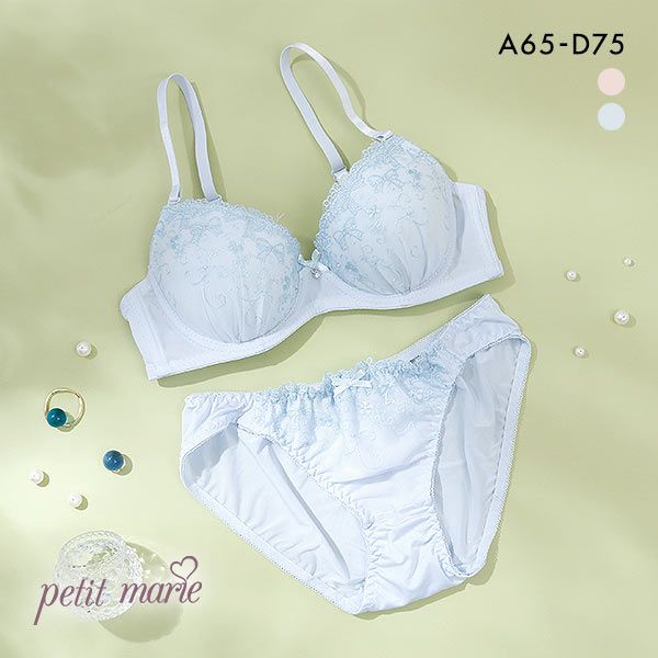プチマリー petit marie WHITE リボン刺繍 ブラジャー ショーツ セット モールド ABCD プチマリー petit marie WHITE リボン刺繍 ブラジャー ショーツ セット モールド ABCD