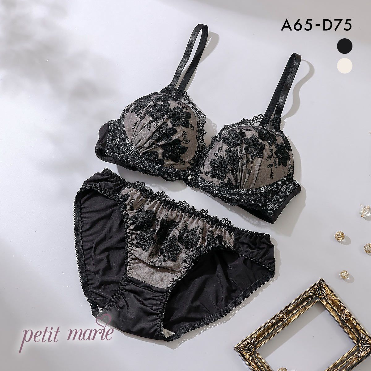 プチマリー petit marie BLACK モノトーンシアーレース ブラジャー ショーツ セット ABCD プチマリー petit marie BLACK モノトーンシアーレース ブラジャー ショーツ セット ABCD