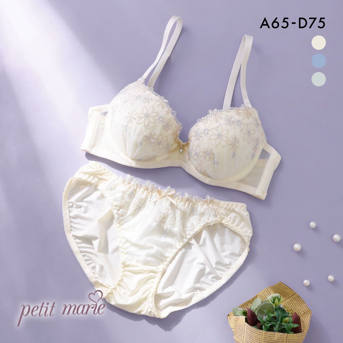 プチマリー ラメフラワー ブラセット モールド ABCD ブラジャー ショーツ セット petit marie WHITE プチマリー ラメフラワー ブラセット モールド ABCD ブラジャー ショーツ セット petit marie WHITE