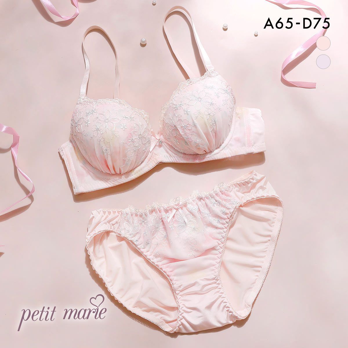 プチマリー ラメフラワープリント ブラセット モールドカップ ABCD ブラジャー ショーツ セット petit marie WHITE プチマリー ラメフラワープリント ブラセット モールドカップ ABCD ブラジャー ショーツ セット petit marie WHITE