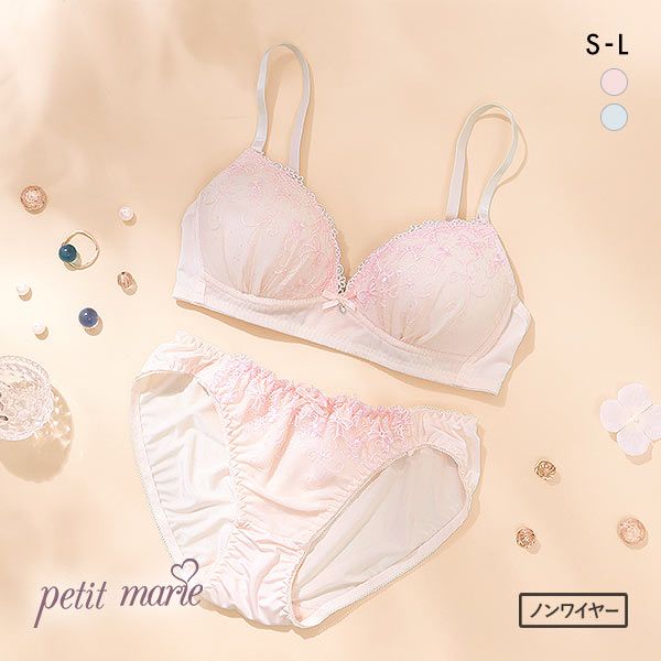 プチマリー petit marie WHITE リボン刺繍 ノンワイヤー ブラジャー ショーツ セット ラメ SML プチマリー petit marie WHITE リボン刺繍 ノンワイヤー ブラジャー ショーツ セット ラメ SML