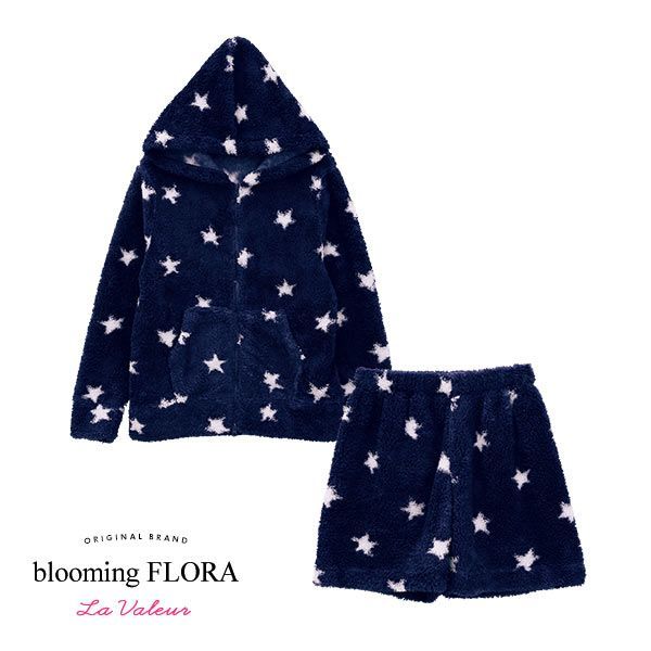 (ブルーミングフローラ)bloomingFLORA モコモコ パーカー＋ショートパンツ 上下セット ボーダー 星柄 豹柄 優しい肌触り ルームウェア