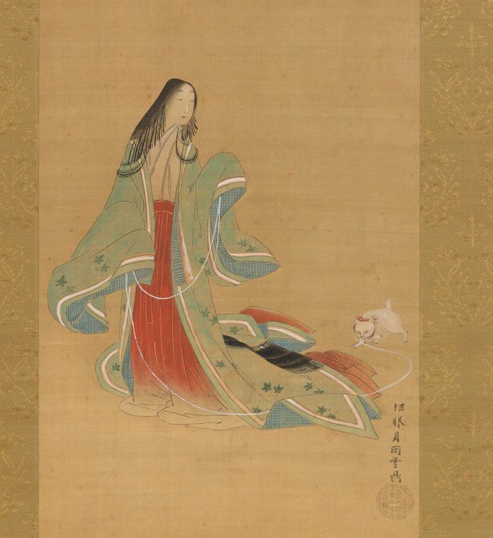 十二単の下から紅の長袴がのぞく平安時代の女性（月岡雪鼎「源氏物語 若菜上 女三の宮と猫」18世紀）