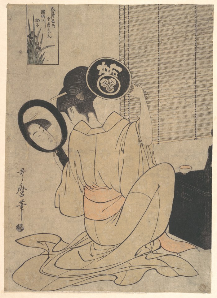 肌襦袢姿で髪を整える江戸時代の女性（喜多川歌麿「高島おひさ」1795年頃）