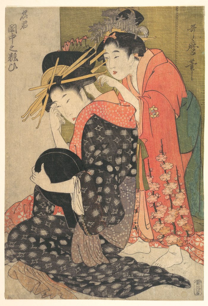 赤い襦袢を重ねて化粧をする江戸時代の女性（喜多川歌麿「名君閨中之粧」1800年頃）