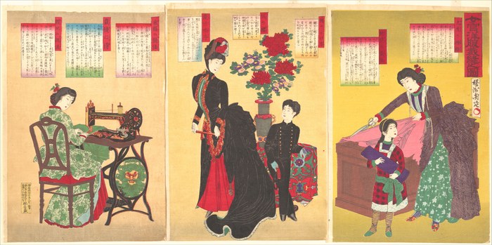 ミシンで洋服を仕立てる明治の女性たち（楊洲周延「女官洋服裁縫之図」1887年）