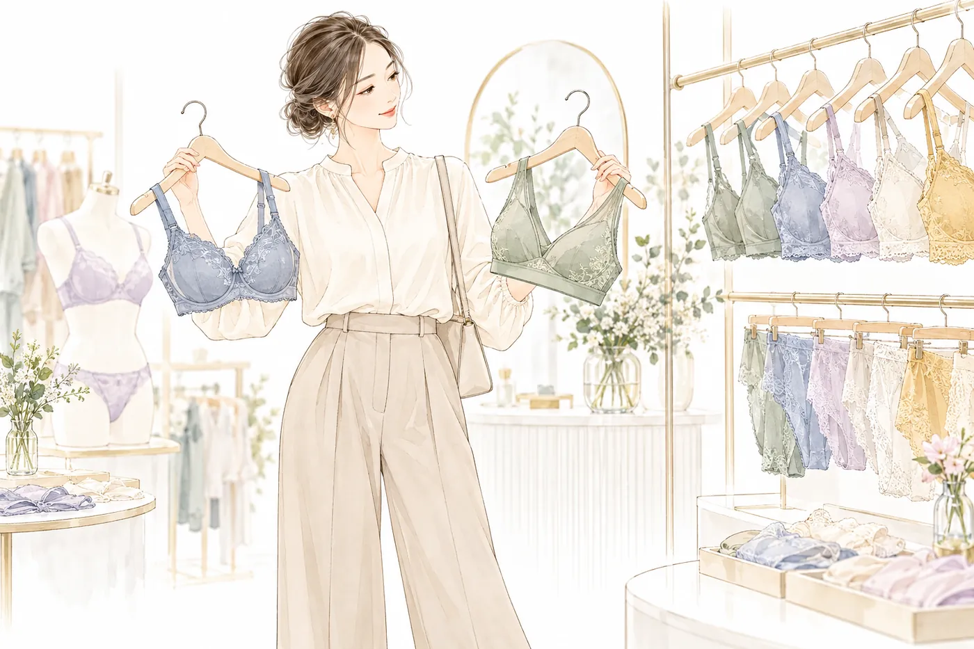 ブティックでハンガーにかかった2つのブラジャーを見比べる女性のイラスト