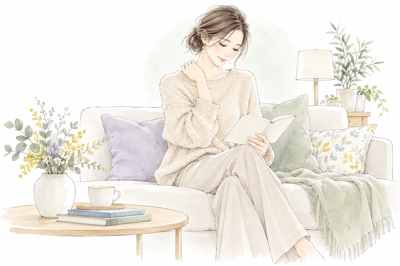 ソファで肩に手を当てながらノートを見る女性のイラスト
