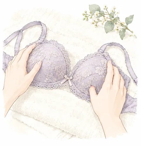 洗濯後のブラジャーのカップを指先で整えるイラスト