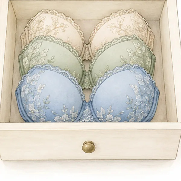 引き出しの中で、ほかのブラジャーとカップを前後に重ねて並べたイラスト