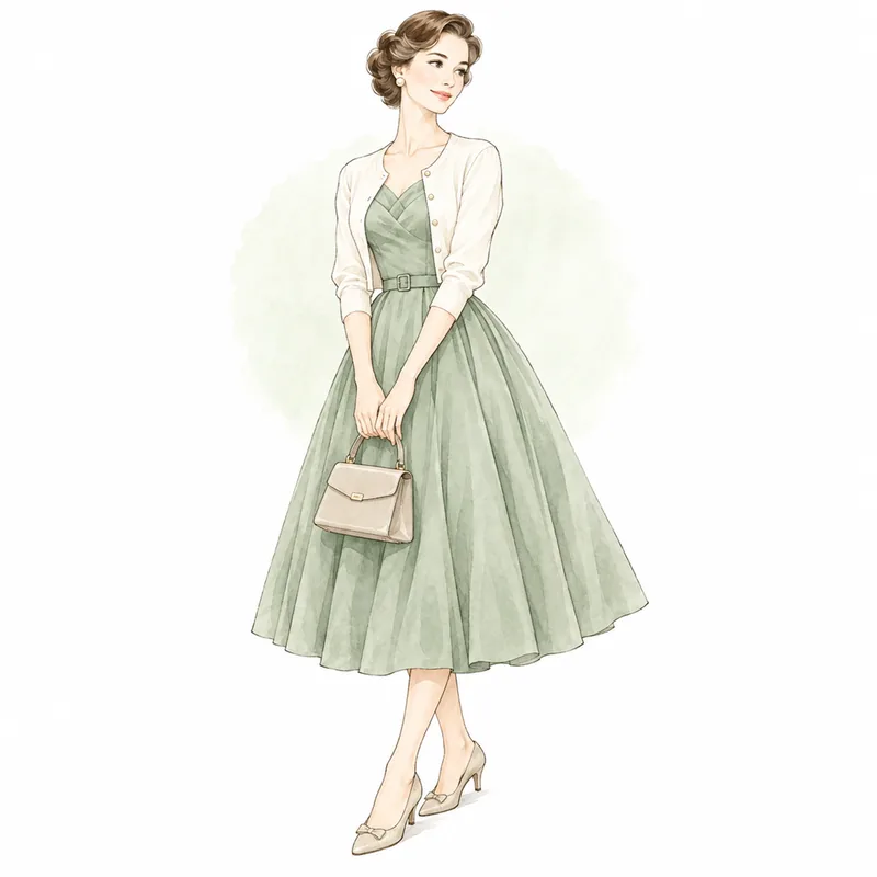 1950年代風のフレアスカートのワンピースにカーディガンを羽織った女性のイラスト