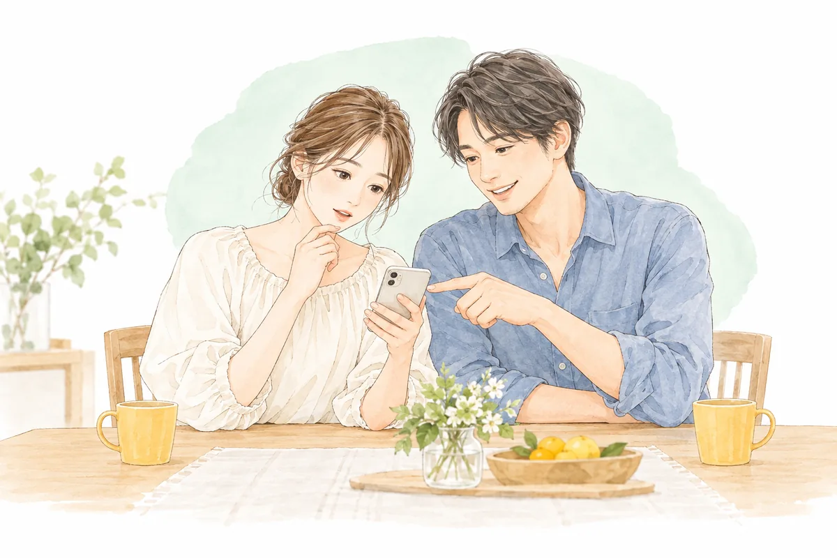 スマートフォンを見ながら相談する父親と母親のイラスト