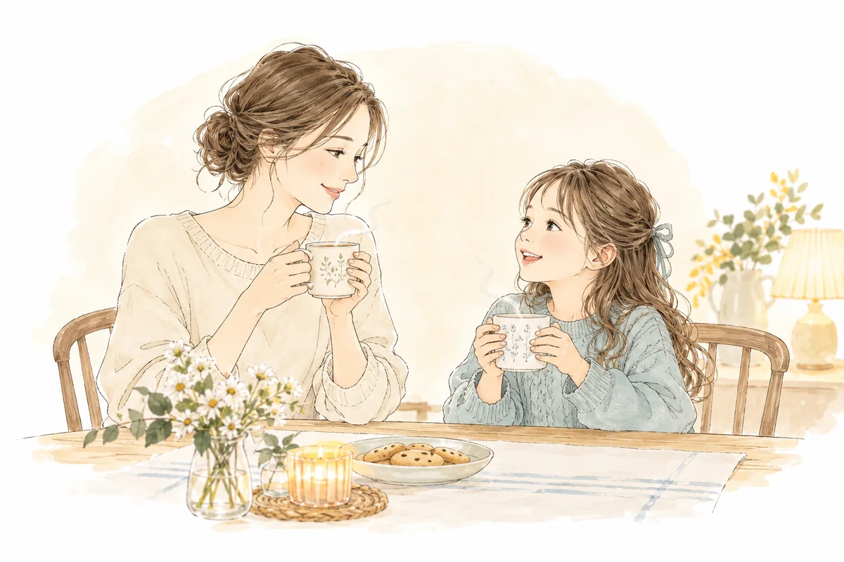 ダイニングで母親と娘がマグカップを手に話しているイラスト