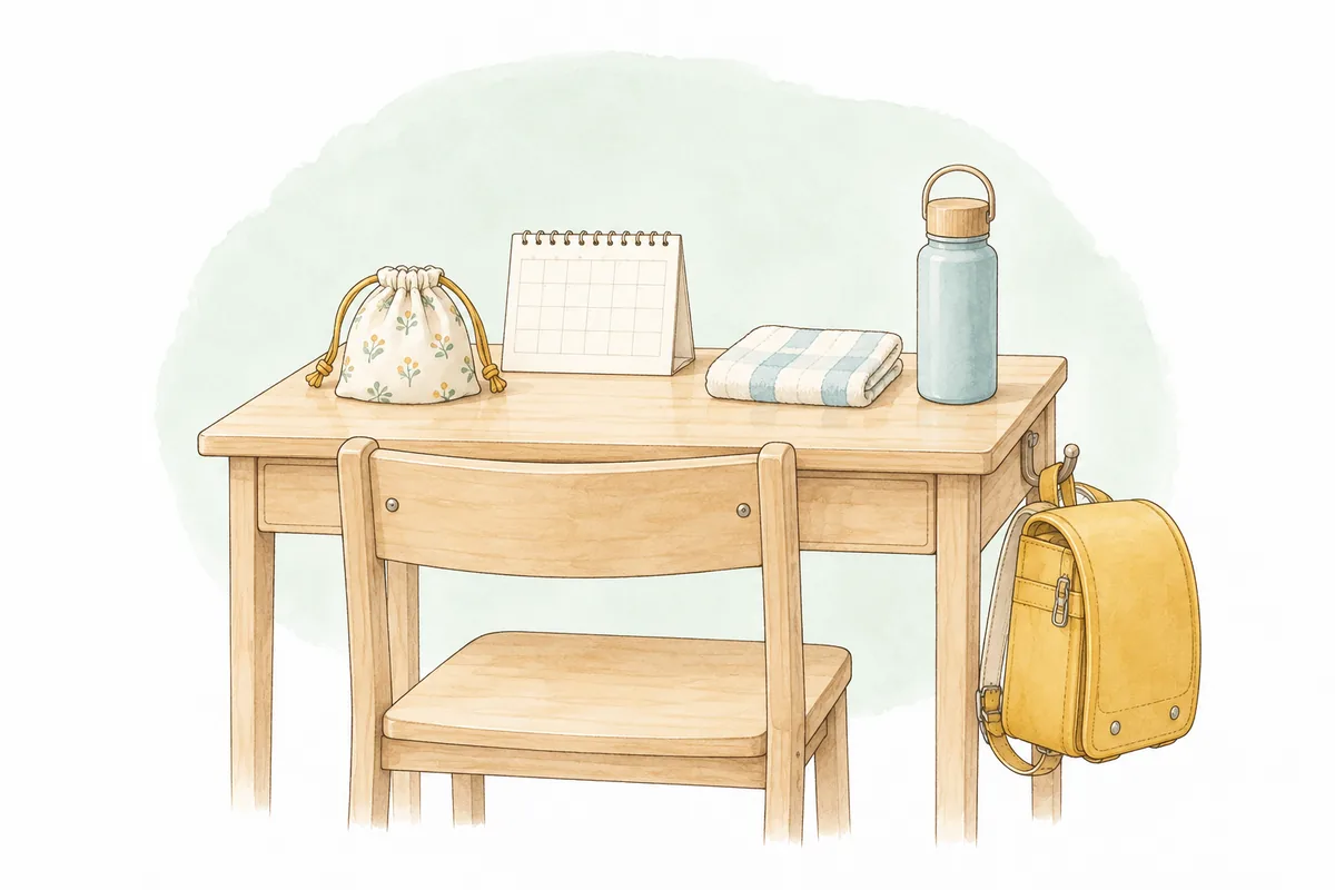学習机の上に巾着ポーチとカレンダー、ハンドタオルが置かれたイラスト